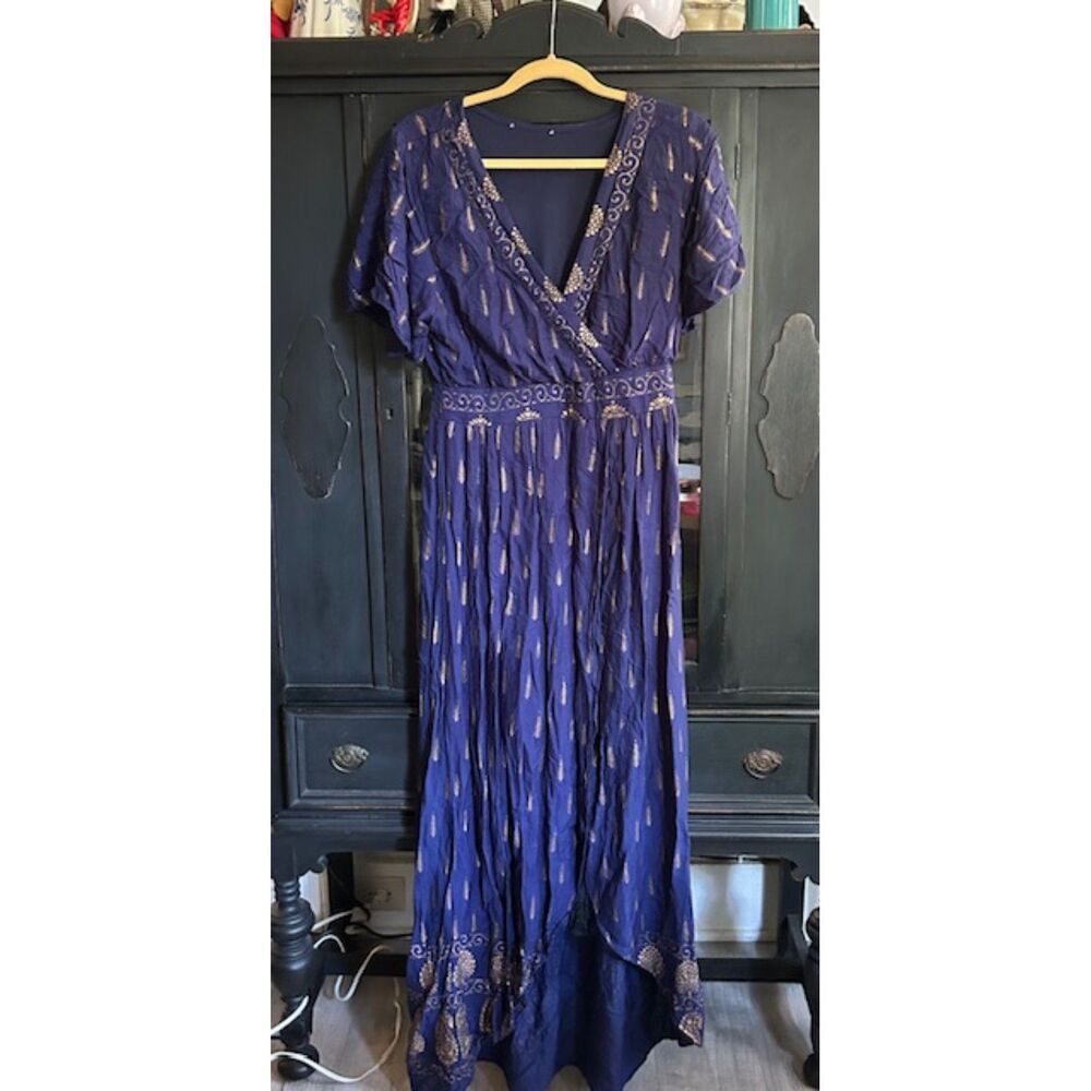 Boho Navy Blue & Gold Foil Print High-Low Maxi Dress | V-Neck Wrap Style